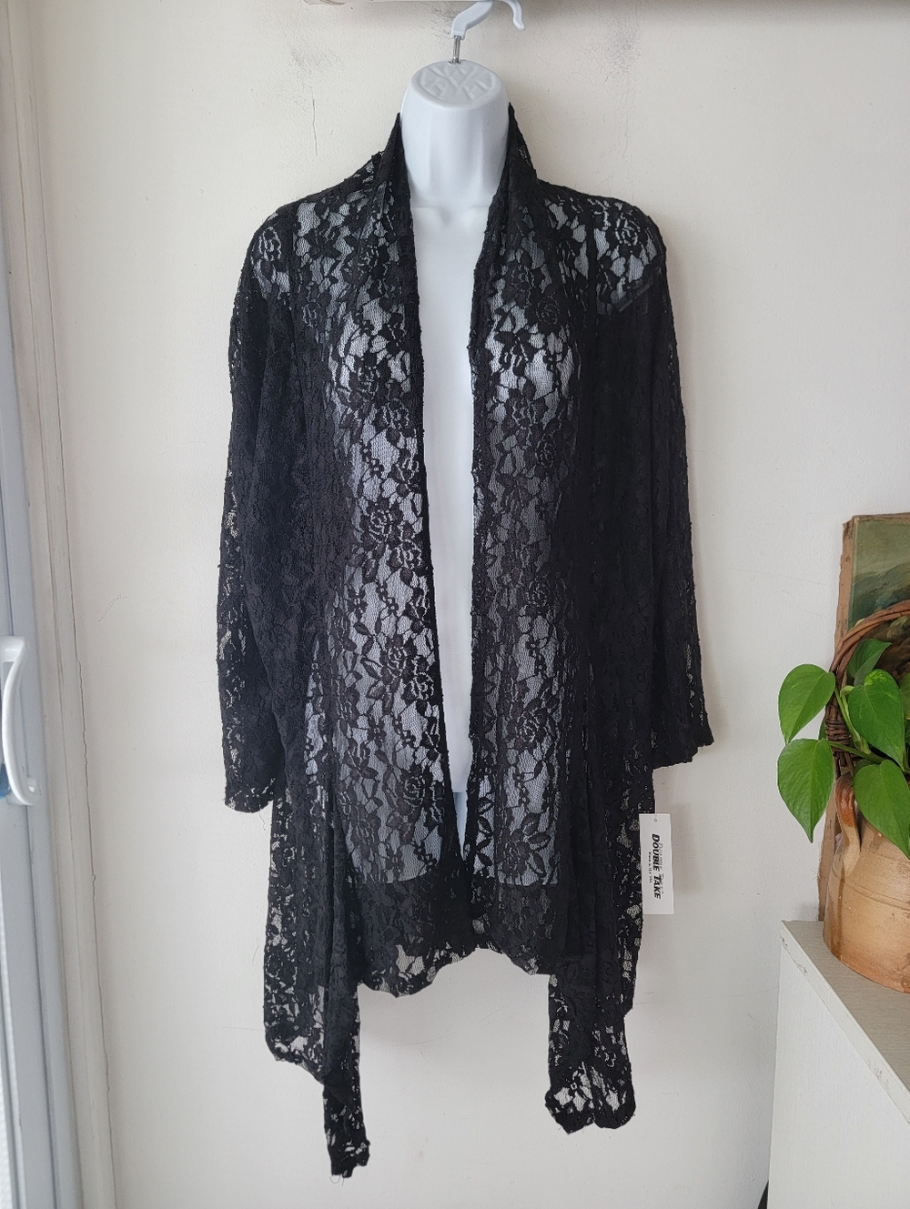 Double Take Asymmetrical Sheer Black Lace Cardigan Size XL